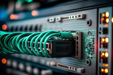 Network panel, switch and cable in data center, Generative AI