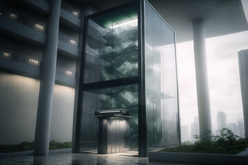 Hi-tech architecture, high-rise concrete building with a glass elevator. AI