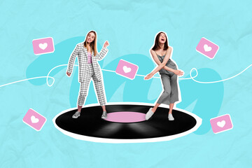 Creative photo 3d collage artwork of people dancing together big vinyl discs have fun isolated on painting background