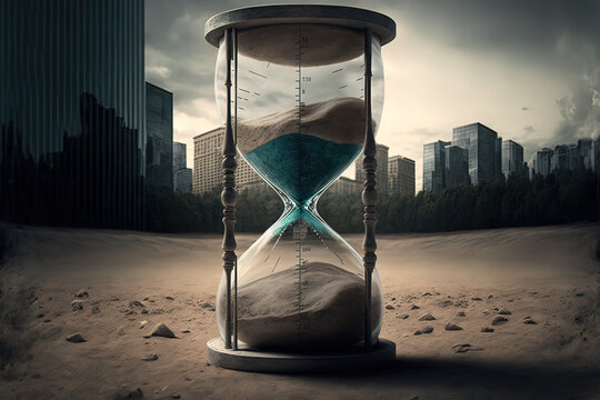 Hourglass on the background of an urban city. Fantasy. AI