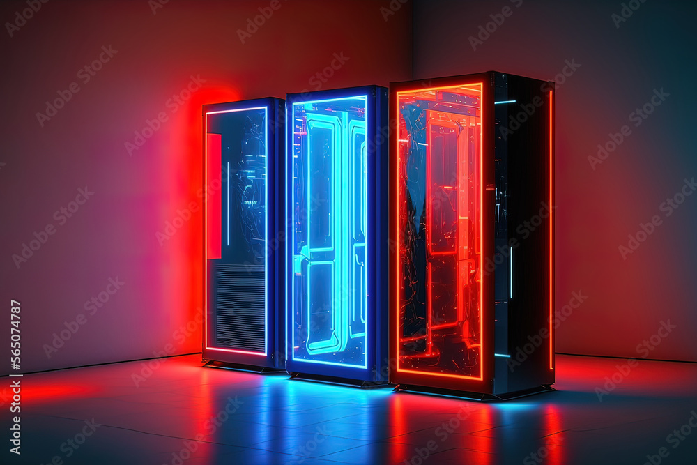 Wall mural luminous showcases blue and red neon. ai