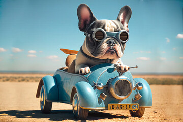 Hund fährt im blauen Auto, generative AI - obrazy, fototapety, plakaty