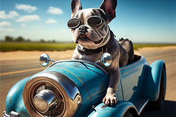 Autofahren mit Bulldogge, generative AI - obrazy, fototapety, plakaty
