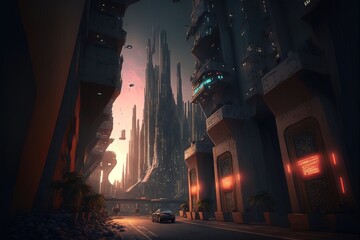 Fototapeta na wymiar Fantasy futuristic cityscape of the Metaverse. AI