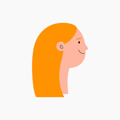 Beautiful woman, girl with long hair, face in profile isolated on white. Flat style vector illustration. Female cartoon character. Design element for 8 March, Womens Day card, banner, poster