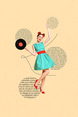 Collage photo of young dancing satisfied vintage outfit party celebrate nostalgia atmosphere woman...