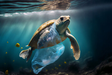 Obraz premium Turtle with a plastic bag. Ocean plastic pollution concept. Generative AI