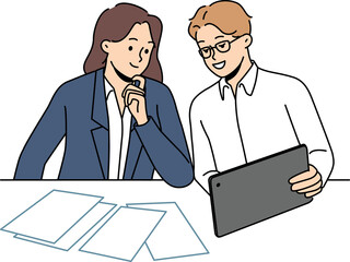 Smiling businesspeople cooperate using tablet