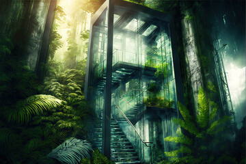 Tropical forest and glass elevator, fantasy landscape. AI - obrazy, fototapety, plakaty