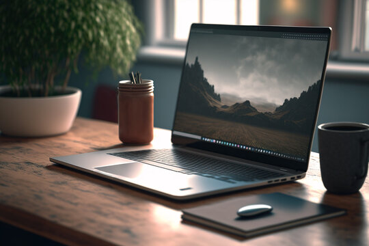 An open laptop on a wooden table against the background of a window. Home Office. Image generated by artificial intelligence.