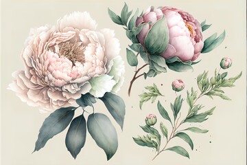 Delicate light peony flowers in the style of watercolor paints. AI - obrazy, fototapety, plakaty