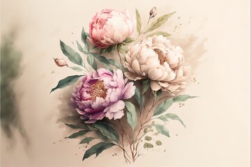 Delicate light peony flowers in the style of watercolor paints. AI - obrazy, fototapety, plakaty