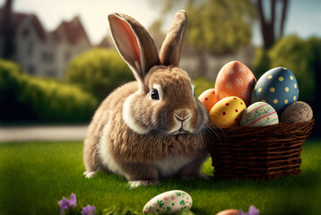 Fototapeta na wymiar Easter bunny with a basket full of ornate eggs on a green lawn, sunny day. Generative AI