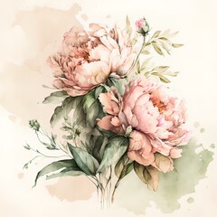 Delicate light peony flowers in the style of watercolor paints. AI