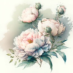 Delicate light peony flowers in the style of watercolor paints. AI