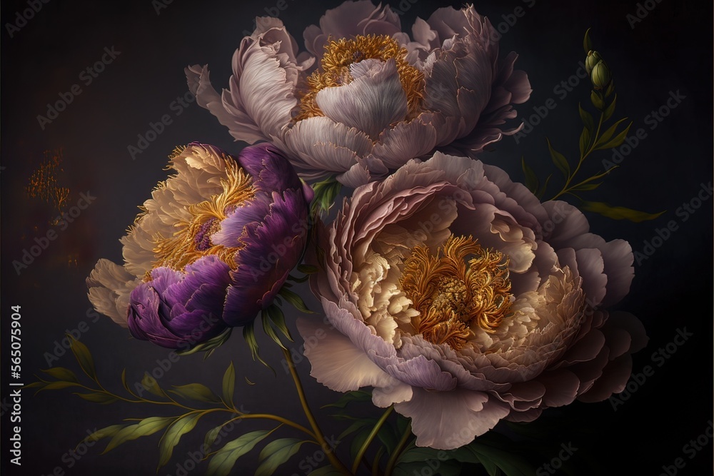 Wall mural purple fantasy peonies with gold and magic elements. luxurious purple flowers. ai