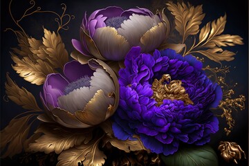 Fototapeta na wymiar Purple fantasy peonies with gold and magic elements. Luxurious purple flowers. AI