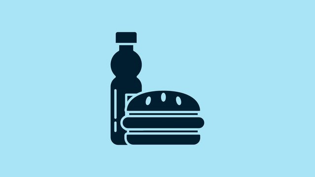 Blue Bottle of water and burger icon isolated on blue background. Soda aqua drink sign. Hamburger, cheeseburger sandwich. Fast food menu. 4K Video motion graphic animation