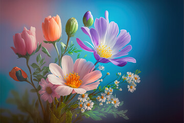 Naklejka na ściany i meble Spring colorful flowers. Ideal for decorative backgrounds, fresh floral wallpaper, generative AI