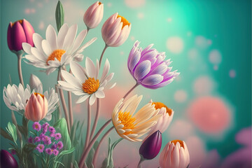 Obraz na płótnie Canvas Spring colorful flowers. Ideal for decorative backgrounds, fresh floral wallpaper, generative AI