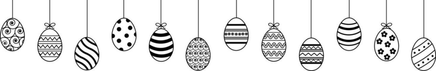 Hanging easter eggs seamless border .Set of simple colorful eggs. Happy Easter seamless pattern or border. Easter decoration with painted eggs