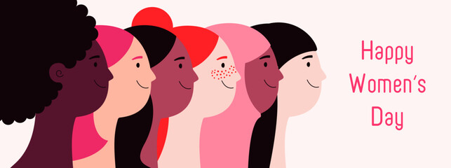 Beautiful diverse women, girls faces in profile. Flat style vector illustration. Female cartoon characters. Design concept for 8 March, Womens Day card, banner, poster, feminism, gender equality