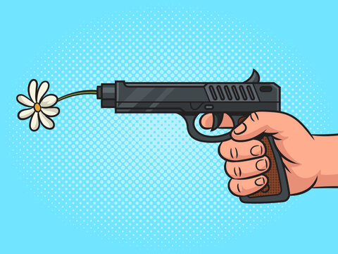 Gun shoots flower pinup pop art retro vector illustration. Comic book style imitation.