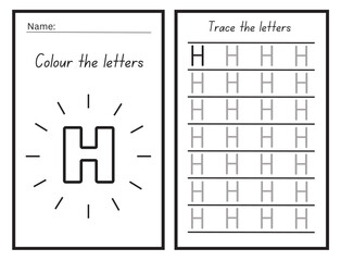 letter H coloring and tracing practice Worksheet for learning the alphabet Exercises handwriting practice Vector Illustration