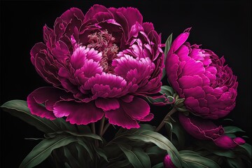 Obraz na płótnie Canvas Spring magenta peonies. Luxurious delicate flowers on a dark background. AI