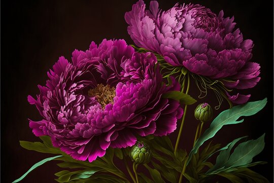 Spring magenta peonies. Luxurious delicate flowers on a dark background. AI