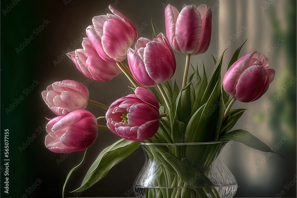 Wall mural Delicate pink tulips in a flower bed in the garden. AI