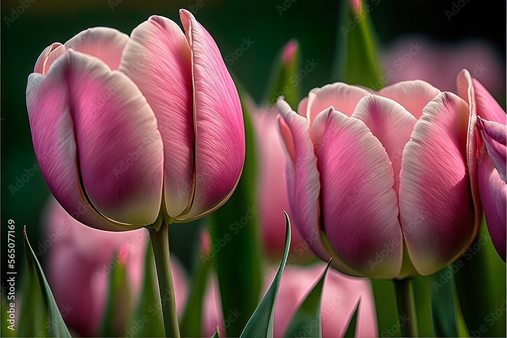 Wall mural delicate pink tulips in a flower bed in the garden. ai