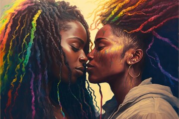 Black women Lesbian couple pride rainbow colors illustration celebration of love generative ai