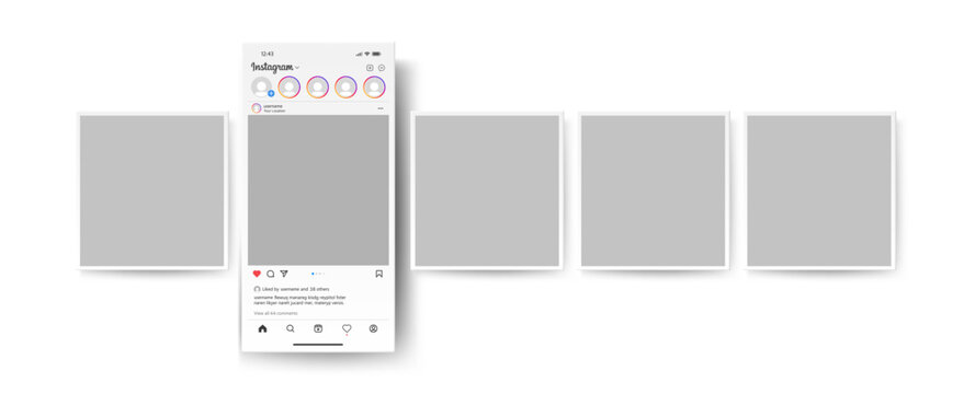 Smartphone mock up with carousel interface post on social network. Social media mobile app page template.