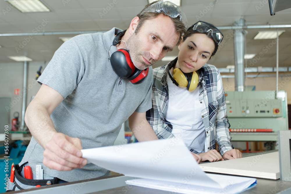 Wall mural engineer in factory with apprentice checks component quality