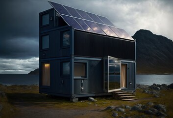 Fototapeta premium modern industry exterior style shipping container house has solar panel roof, beautiful nature landscape, idea for sustainability for environmental preservation Generative Ai