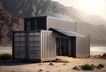 modern industry exterior style shipping container house  has solar panel roof, beautiful nature landscape, idea for sustainability for environmental preservation Generative Ai