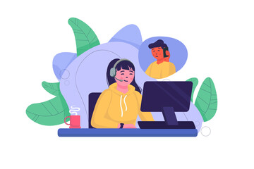 Support concept with people scene in the flat cartoon design. Support center worker gives advice to a man about his problems.