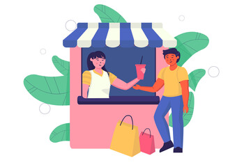 Concept satisfied customer with people scene in the flat cartoon design. Satisfied man buys his favorite drink after shopping.