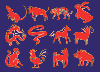beautiful original twelve red golden animals of chinese zodiac sign are perfect for any blank and background design