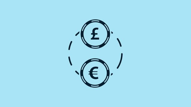 Blue Money exchange icon isolated on blue background. Euro and Pound Sterling cash transfer symbol. Banking currency sign. 4K Video motion graphic animation