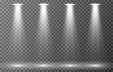 Spotlight set isolated on transparent background. Scene illumination collection. Realistic bright light effects. White luminous rays and beams. Vector illustration