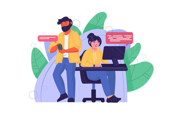 Concept chatting with people scene in the flat cartoon style. Colleagues correspond in a join chat to solve business problems and inform others about news.