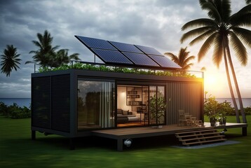 modern industry exterior style house in forest, made from converted shipping container has solar panel roof, beautiful nature landscape,  sustainability for environmental preservation Generative Ai - obrazy, fototapety, plakaty