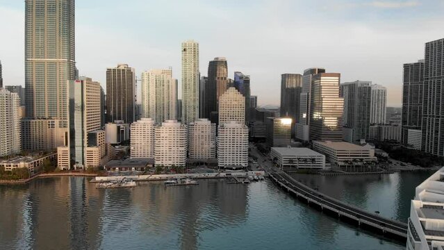 Aerial view of Brickell Key and Downtown Miami skyscapers at sunrise