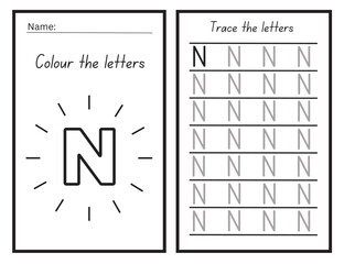 letter N coloring and tracing practice Worksheet for learning the alphabet Exercises handwriting practice Vector Illustration
