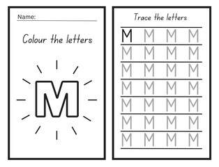 letter M coloring and tracing practice Worksheet for learning the alphabet Exercises handwriting practice Vector Illustration