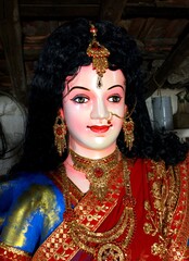 Goddess Durga face . indian festival Navratri.Idol of Goddess Durga. Festival is celebrated during the whole period of Navaratri