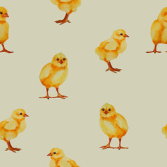 Watercolor cute cartoon chicken seamless pattern. Easter yellow chicks kids ornament.