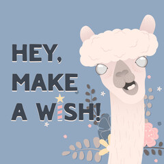 A funny white alpaca congratulates you on your special day Make a wish Birthday card